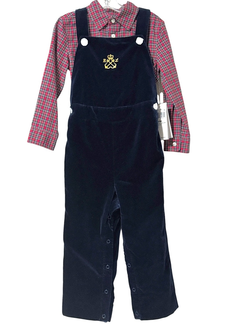 NWT Ralph Lauren Baby Boy 2-Piece Plaid Shirt & Velvet Overalls Set Size 24M